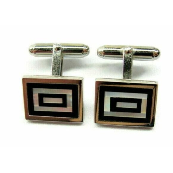 Cufflinks Black Onyx Pearl Double Rectangle Sterling Silver 925 Patina Vtg - Picture 1 of 12